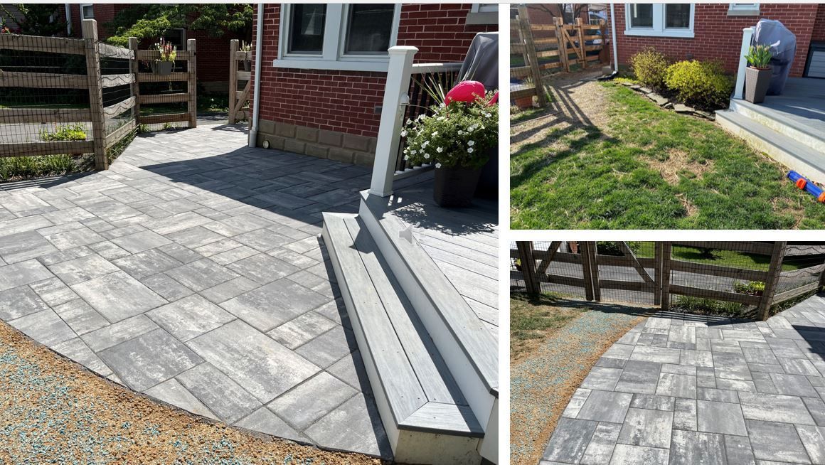 A collage of three pictures of a patio and a yard.