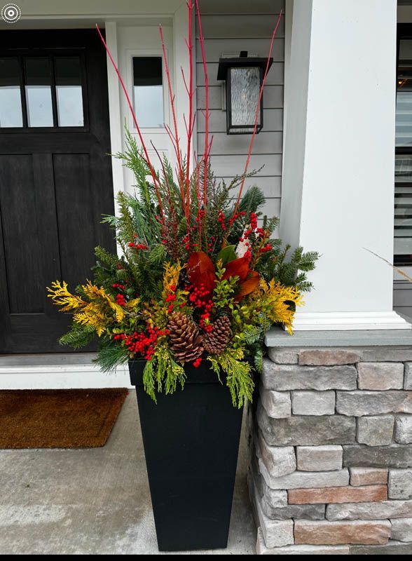 Black planter filled with seasonal greenery, red branches, and pinecones; sits by a home's entrance.