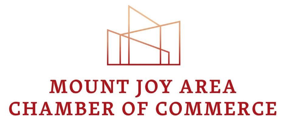 Logo of the Mount Joy Area Chamber of Commerce with geometric lines above the text. The text is brown.