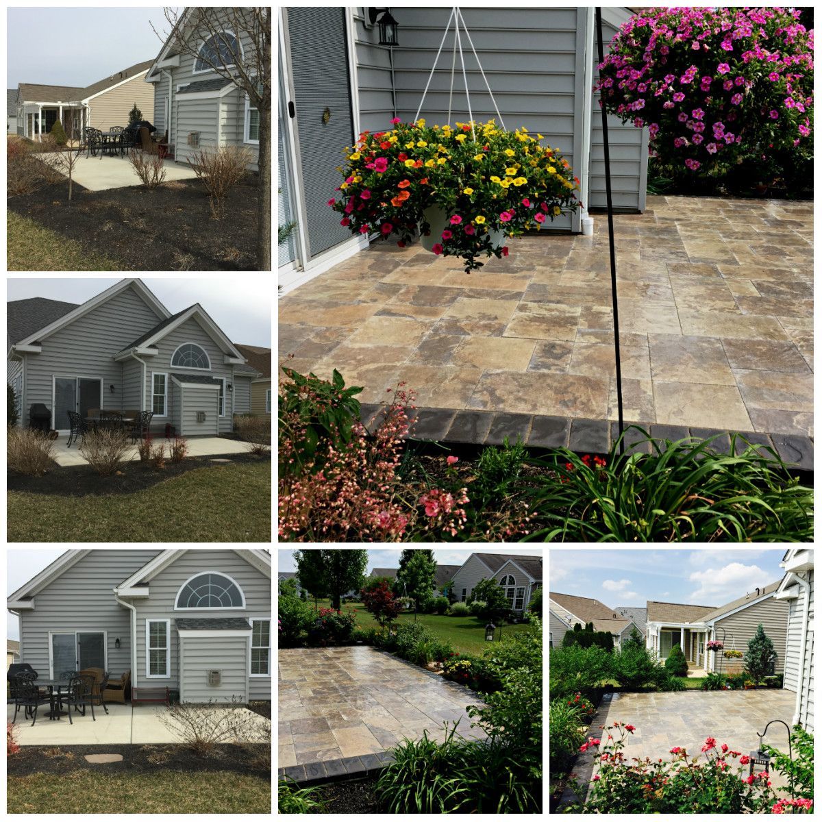 A collage of pictures of a house with flowers in front of it