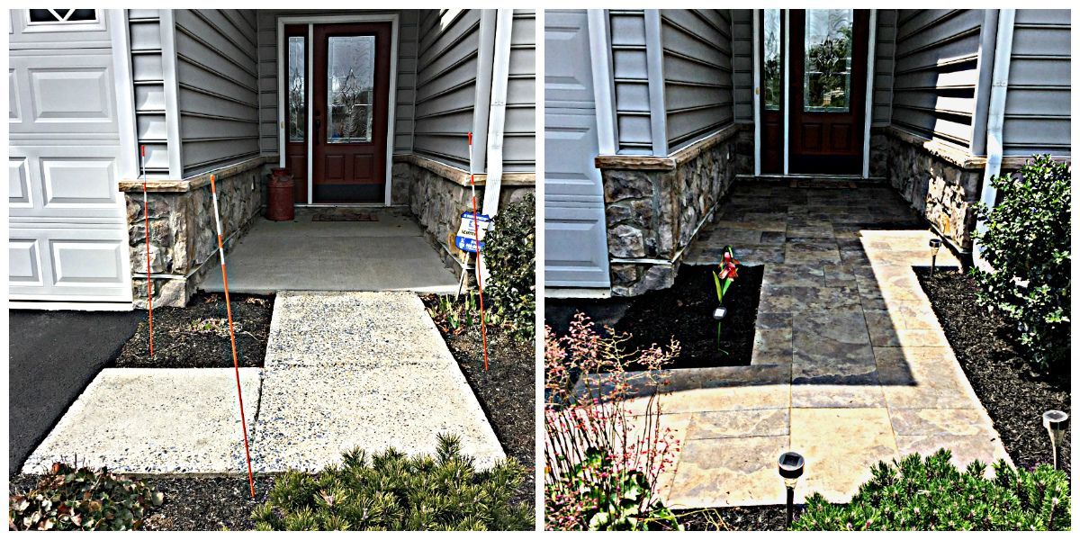 A before and after picture of a concrete walkway in front of a house.
