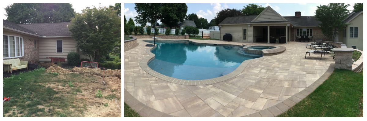A before and after picture of a swimming pool in a backyard.