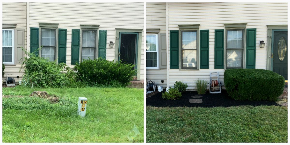 A before and after picture of a house with green shutters.