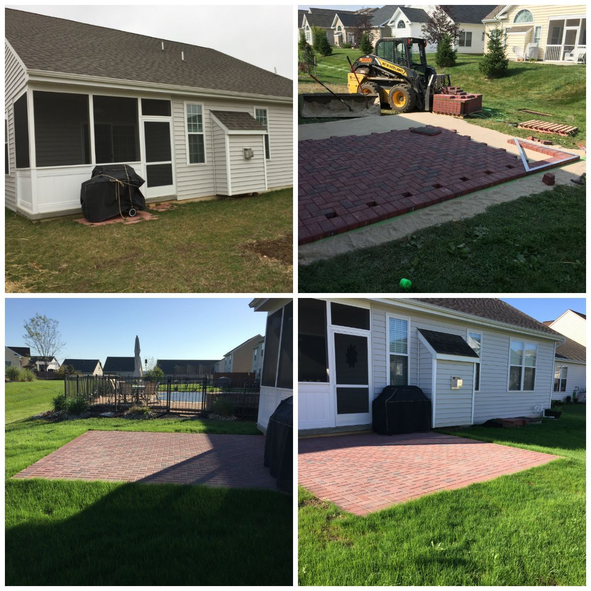 A collage of four pictures of a house with a screened in porch