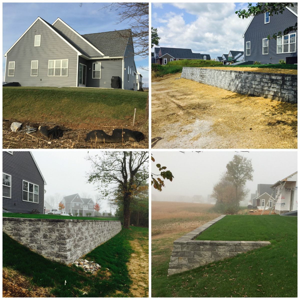 A collage of four pictures of a house and a retaining wall