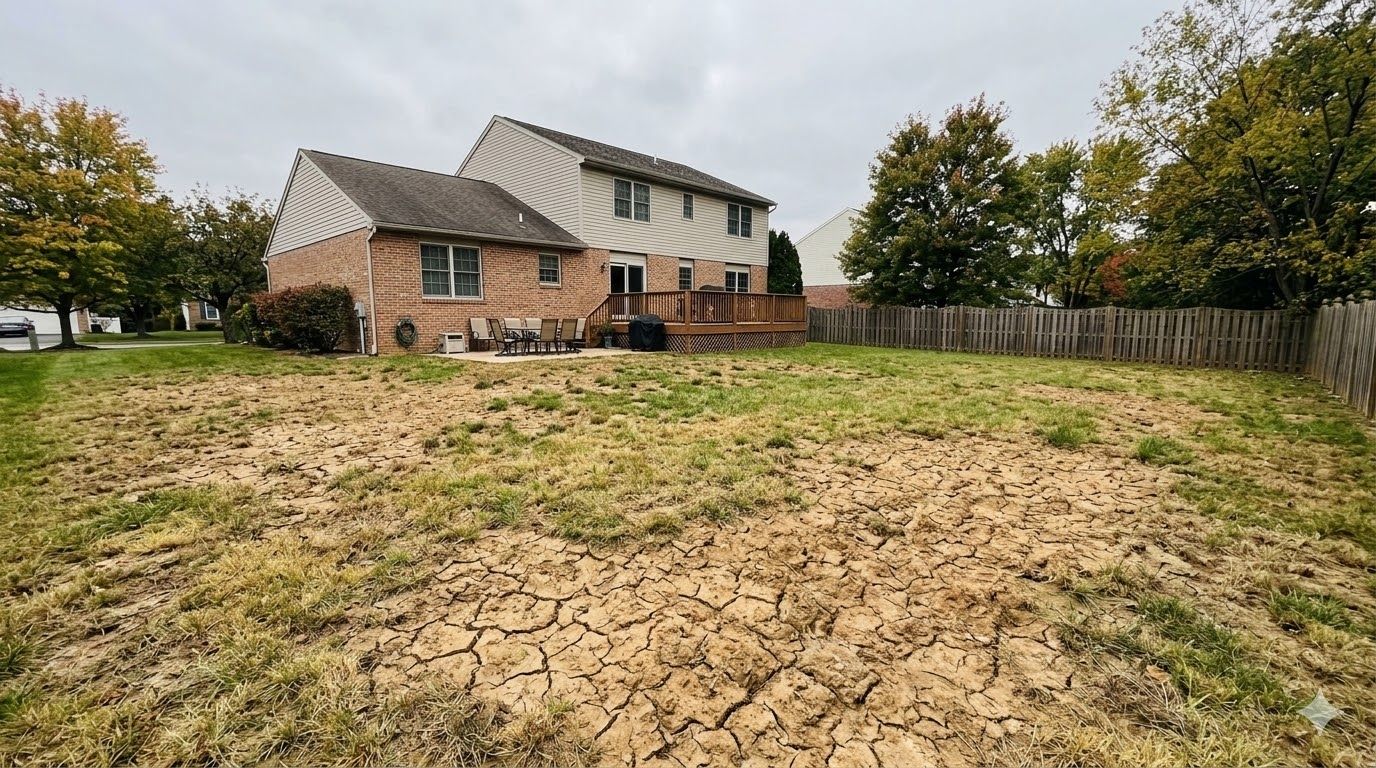 A yellow excavator digs in a muddy, excavated construction site under a cloudy sky with rural fields in the background.