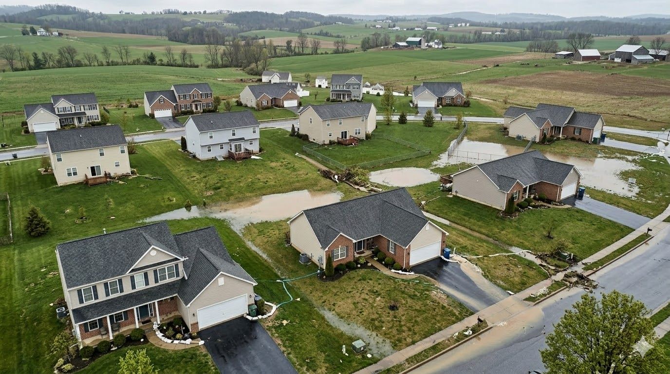 An aerial view of a suburban neighborhood showing single-family homes with yards containing large patches of standing water.