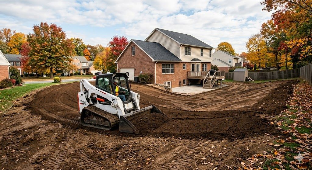 A white skid-steer loader levels dark soil in a backyard, with a brick house and autumn trees in the background.