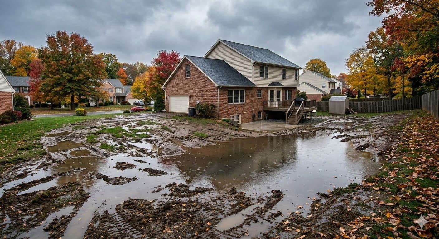 A two-story brick house surrounded by a muddy, water-logged yard under a cloudy sky during autumn.