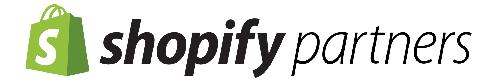 A logo for shopify partners with a green shopping bag