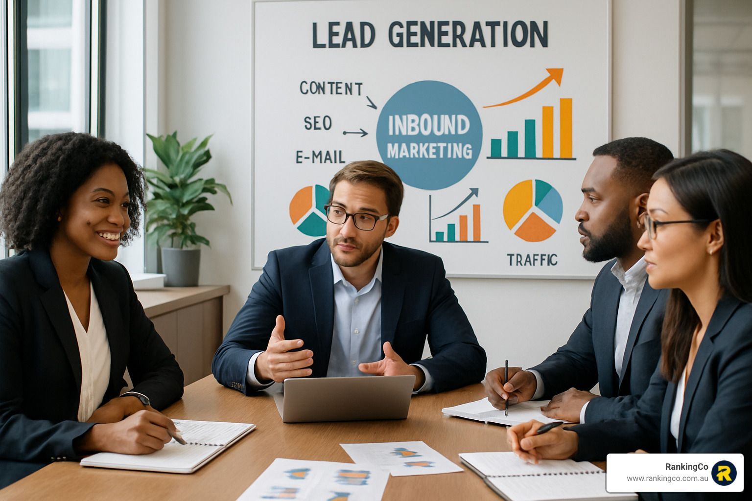 marketing business meeting without the flag. use the correct spellings. - lead generation inbound ma