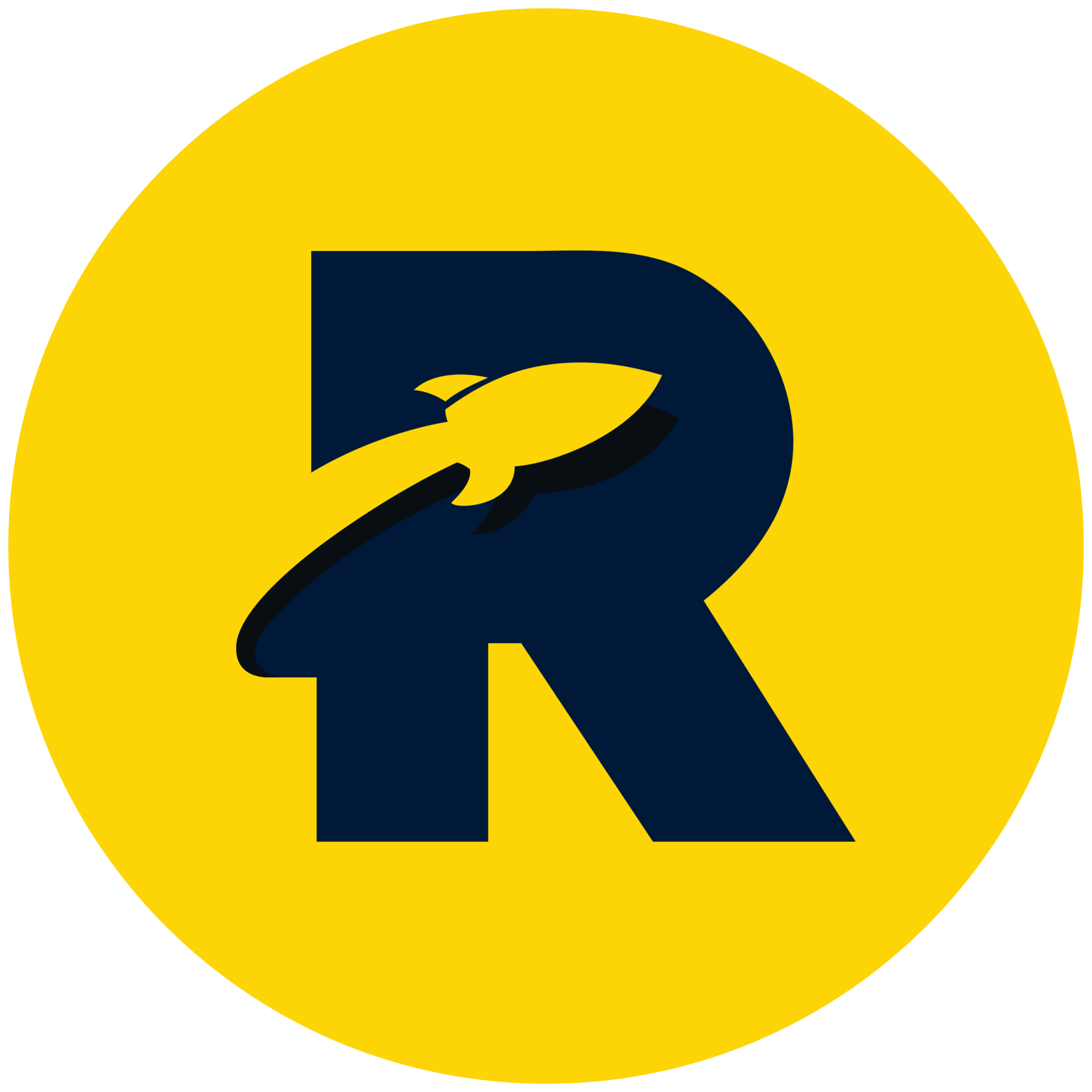 A blue letter r with a rocket on it in a yellow circle.