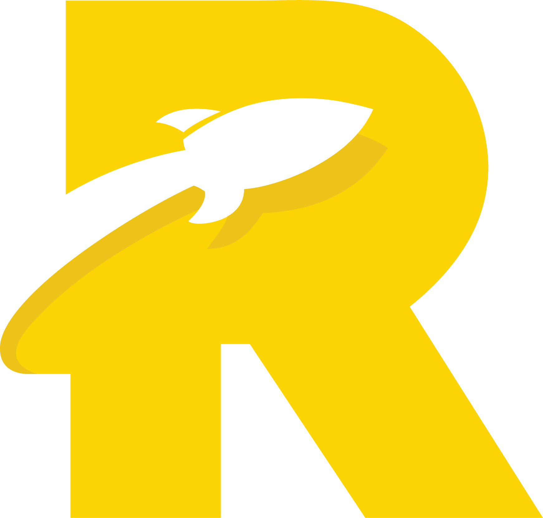 A yellow letter r with a white rocket coming out of it.