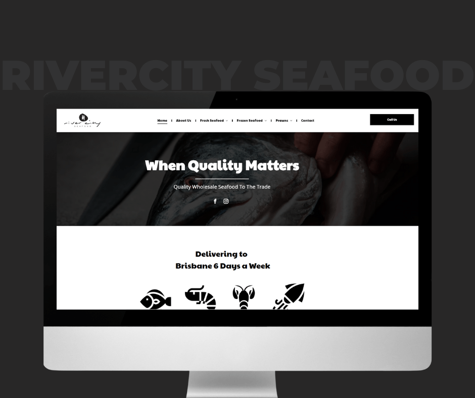 A computer monitor displaying a website for rivercity seafood