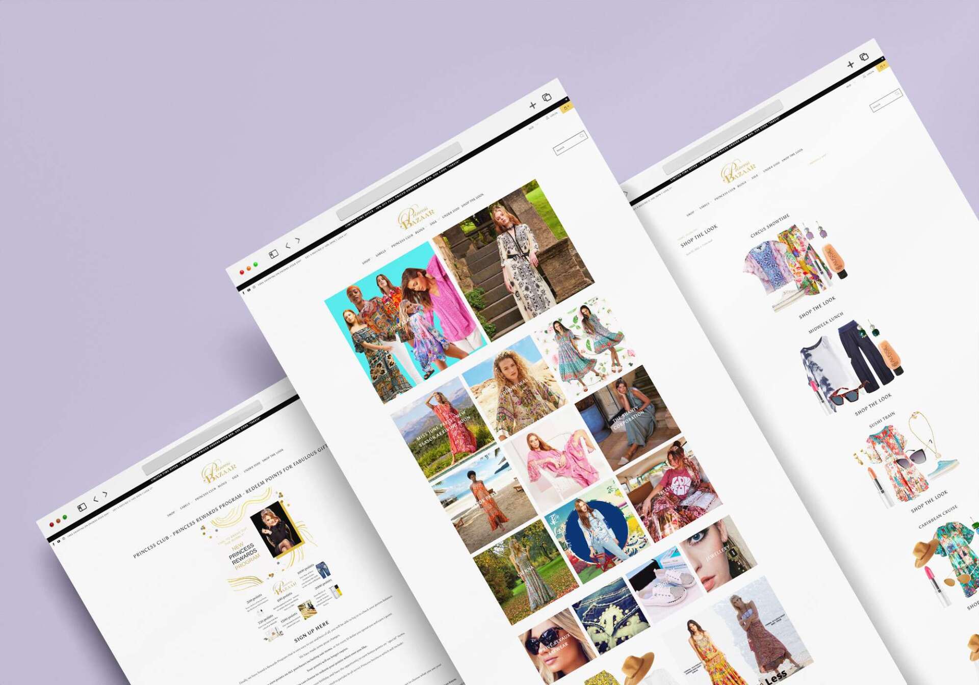 Three screens of a website with pictures of women on them.