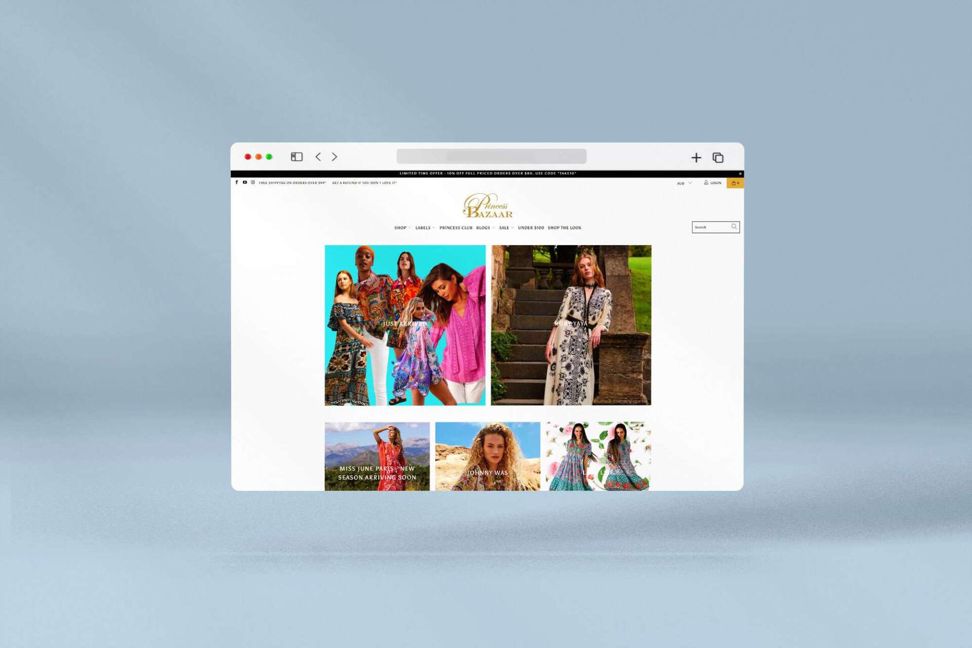 A computer screen displaying a website for a clothing company.