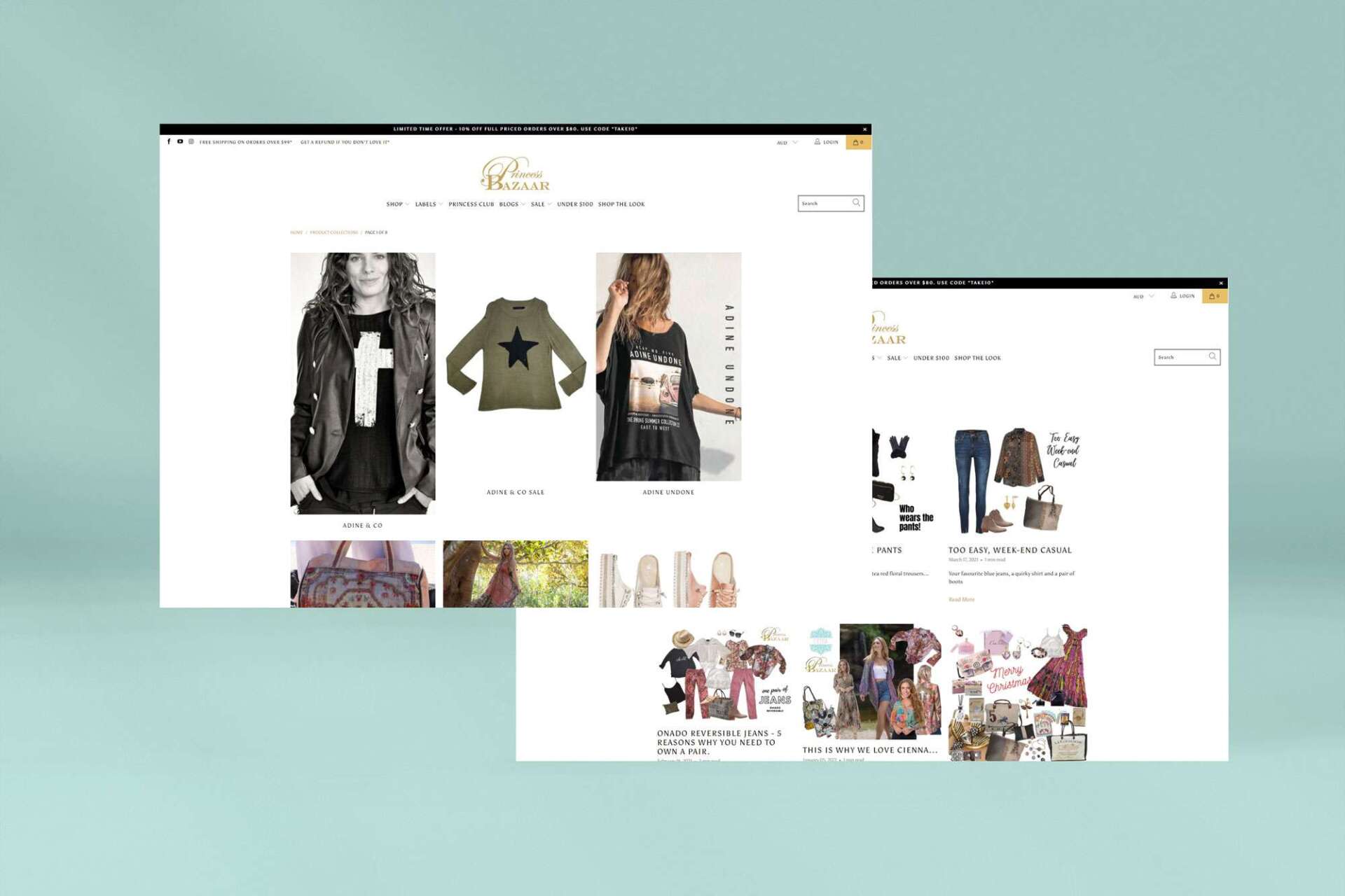 A screenshot of a website showing a woman wearing a sweater and a jacket.