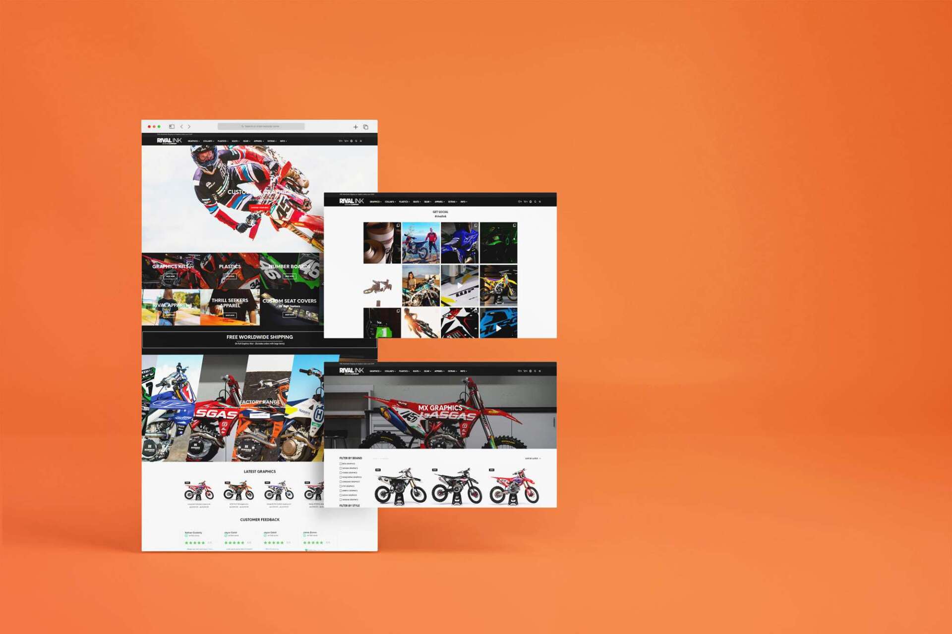 A motorcycle website is displayed on three different screens on an orange background.