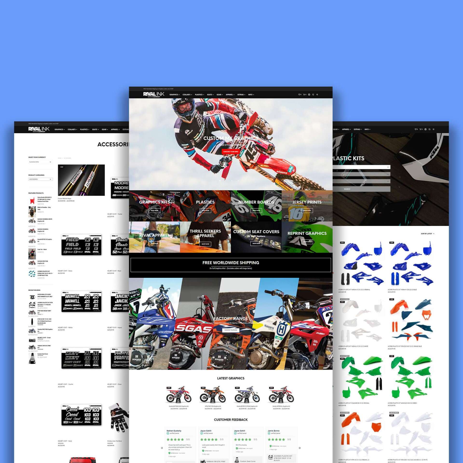 A man is riding a dirt bike on a blue background