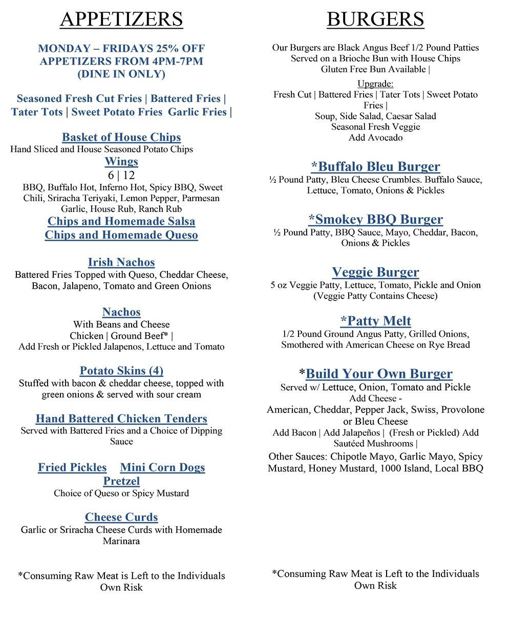 Backspin Sports Bar & Grill Austin Menu