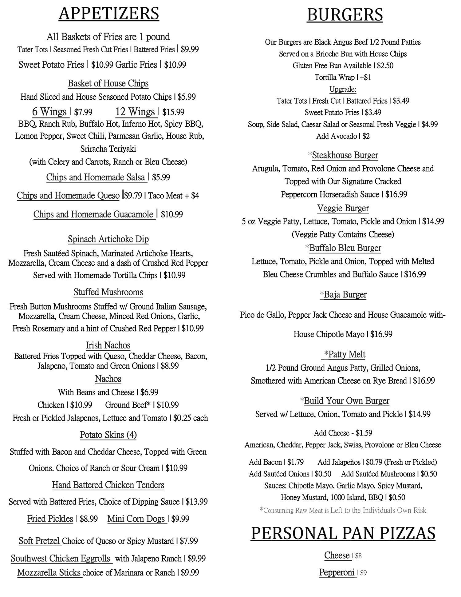 dripping springs sports bar menu