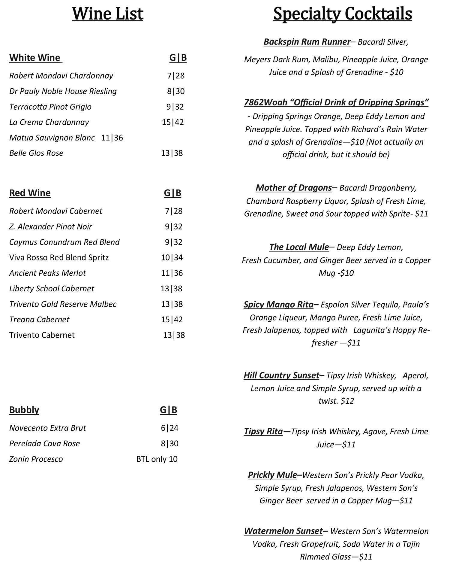dripping springs sports bar menu