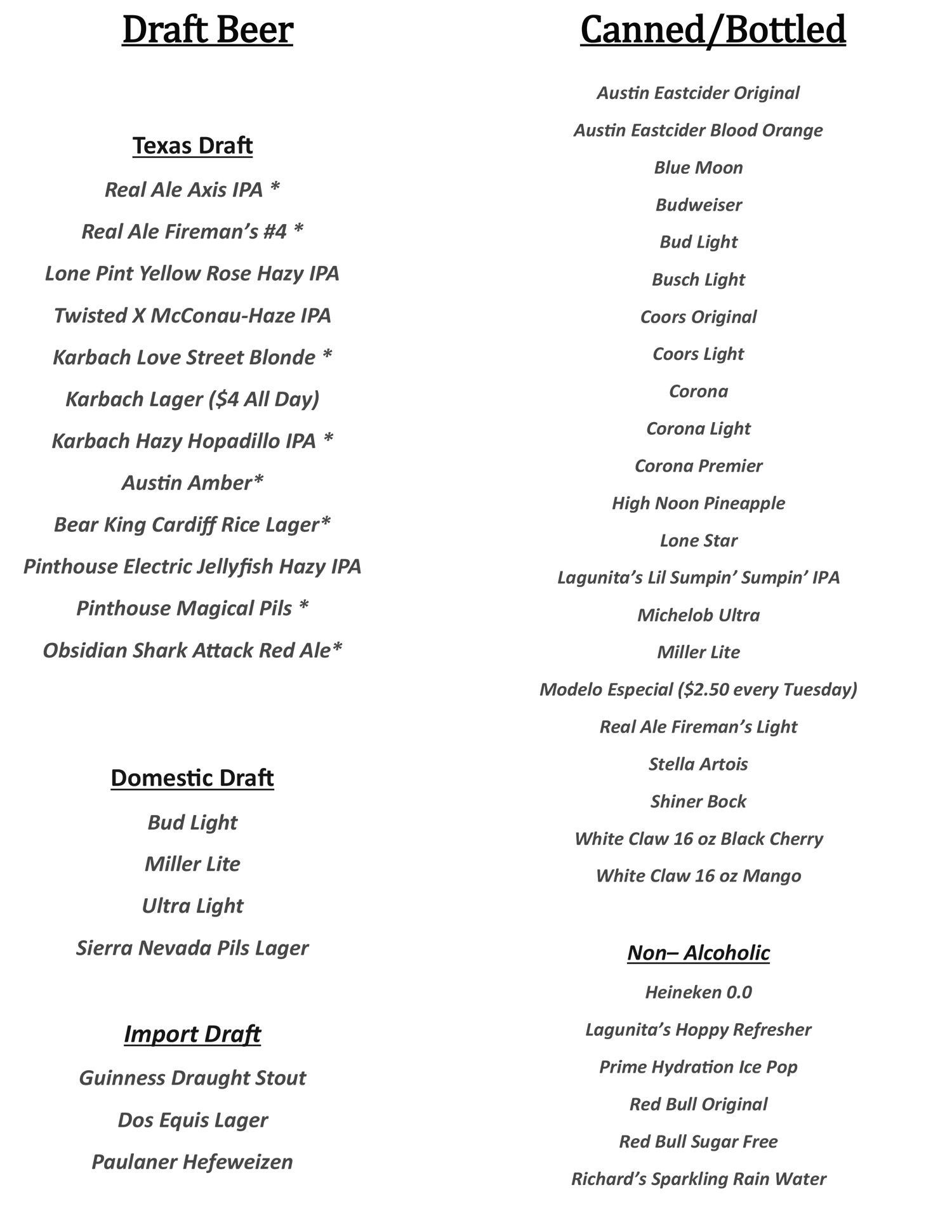 dripping springs sports bar menu