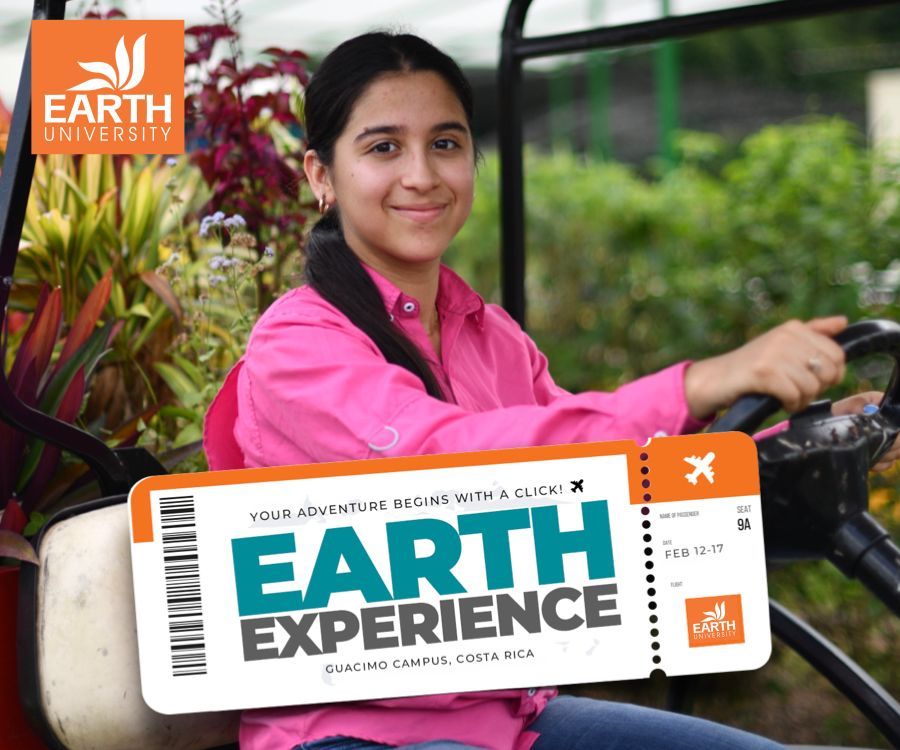 A girl in a pink shirt is driving a golf cart with a ticket that says earth experience