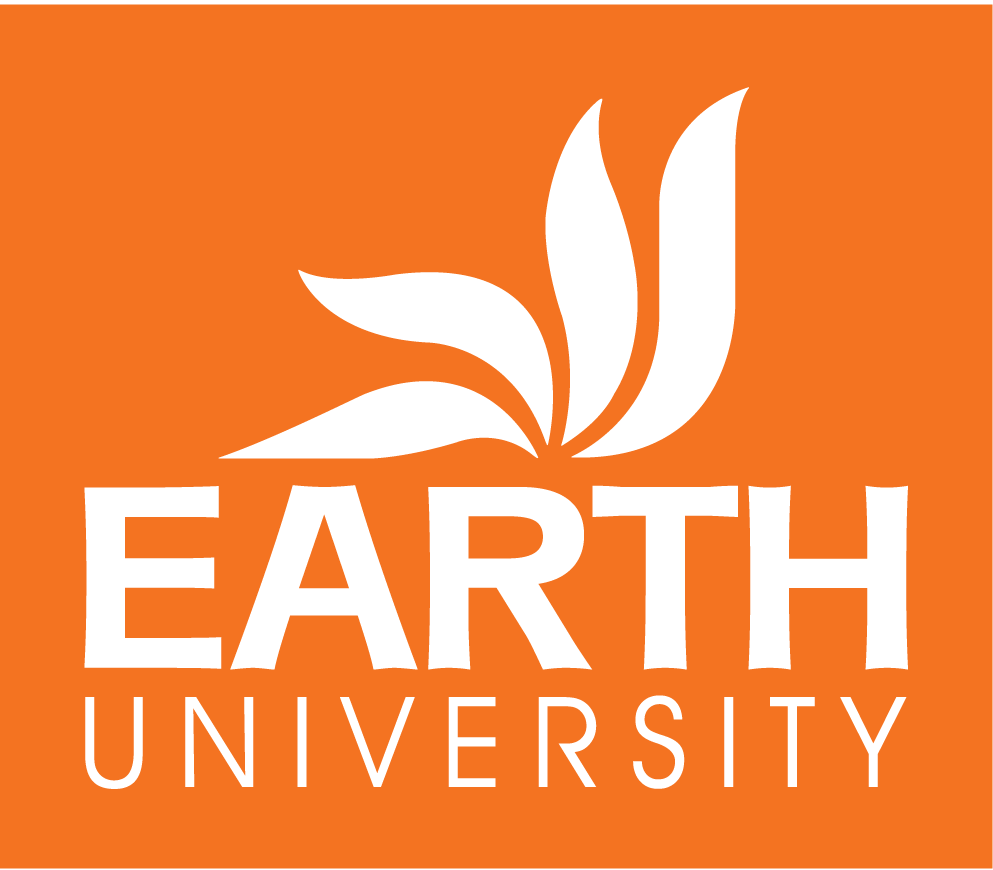 An orange and white logo for earth university