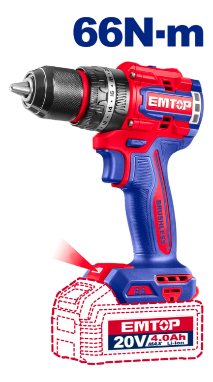 Kit de taladro inalámbrico Emtop con amoladora, linterna, 2 baterías, cargador, brocas y maletín rojo.