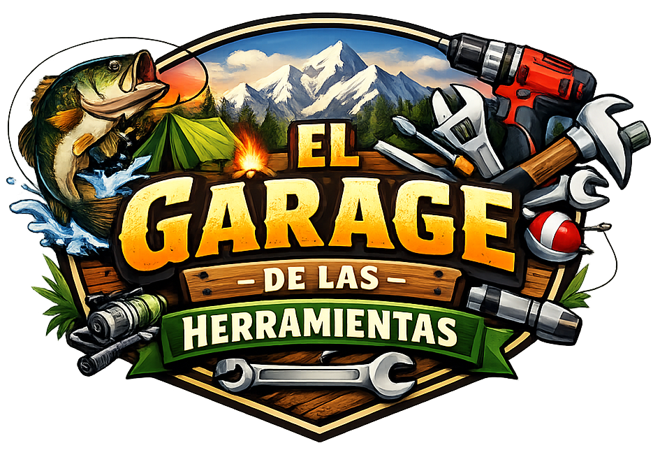 Logo de taller mecánico con auto, herramientas, pez y montañas; texto “El Garage de las Herramientas”