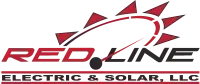 A red line electric and solar llc logo with a sun on it.