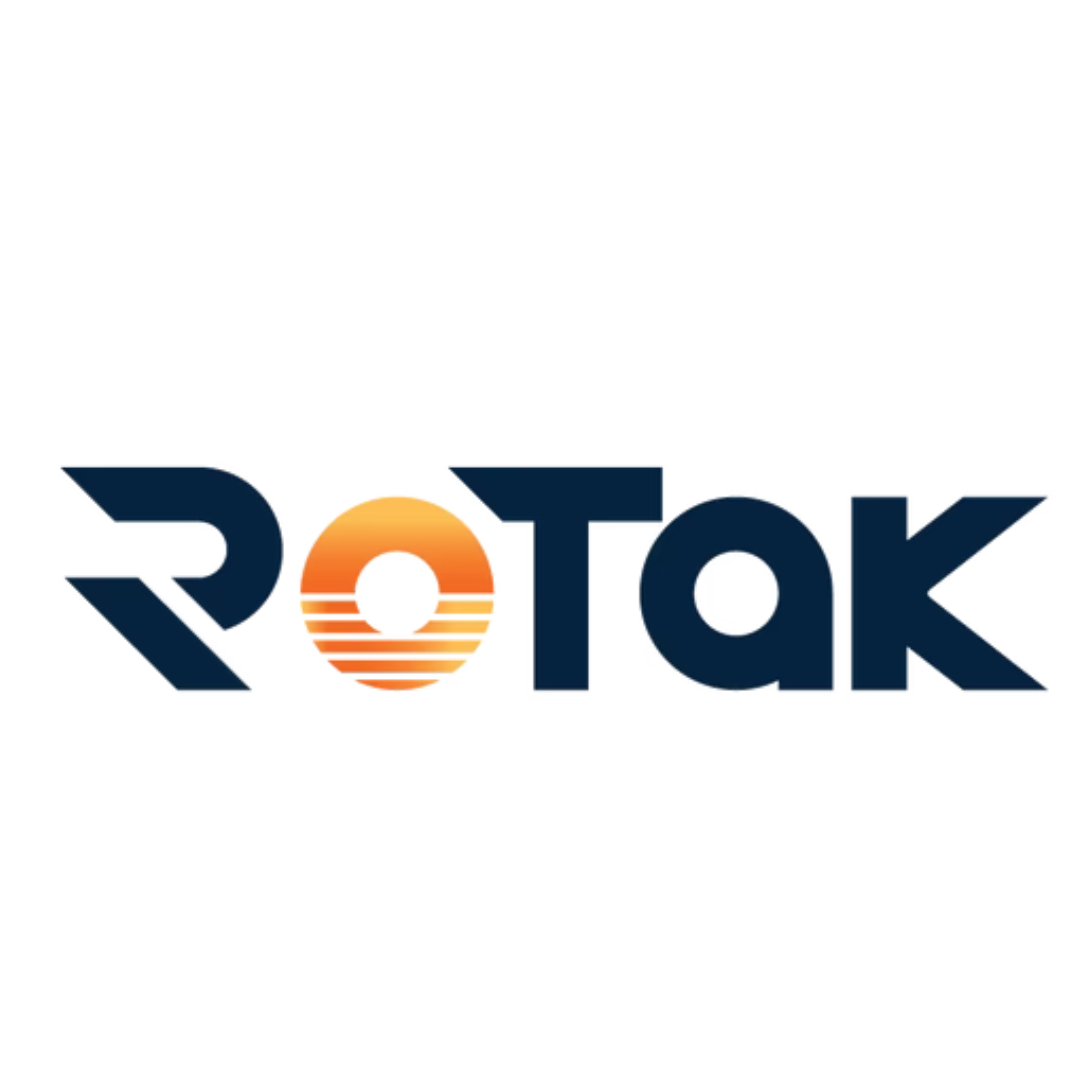 A black and orange logo for rotak on a white background
