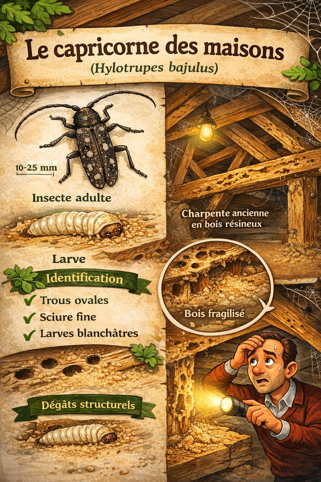 infographie sur le capricorne des maisons, insecte à larve xylophage