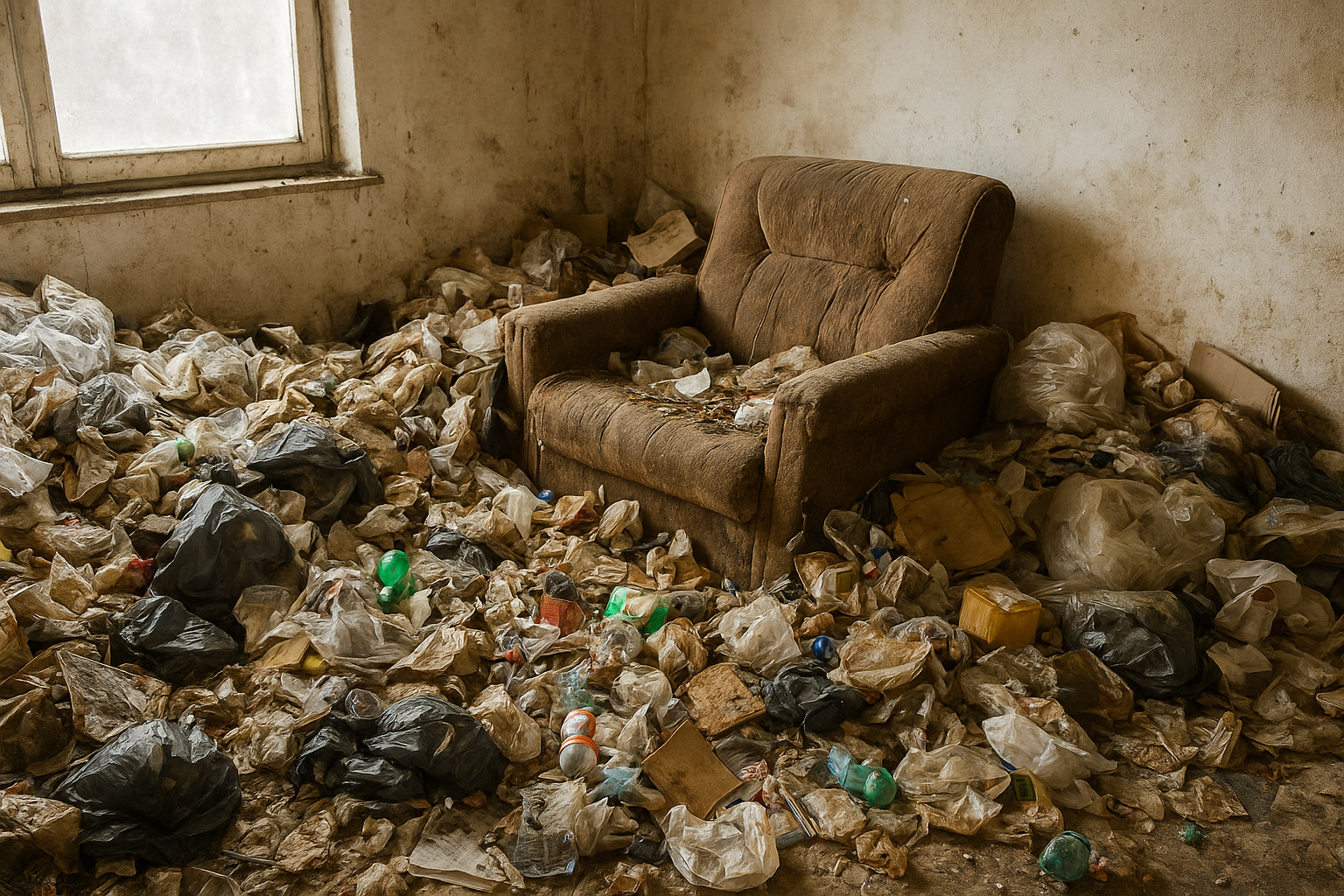 logement encombré d'ordures ménagères. Montrant l’intérêt d'une intervention spécifique, désencombrement, nettoyage et désinfection des lieux par NGAN