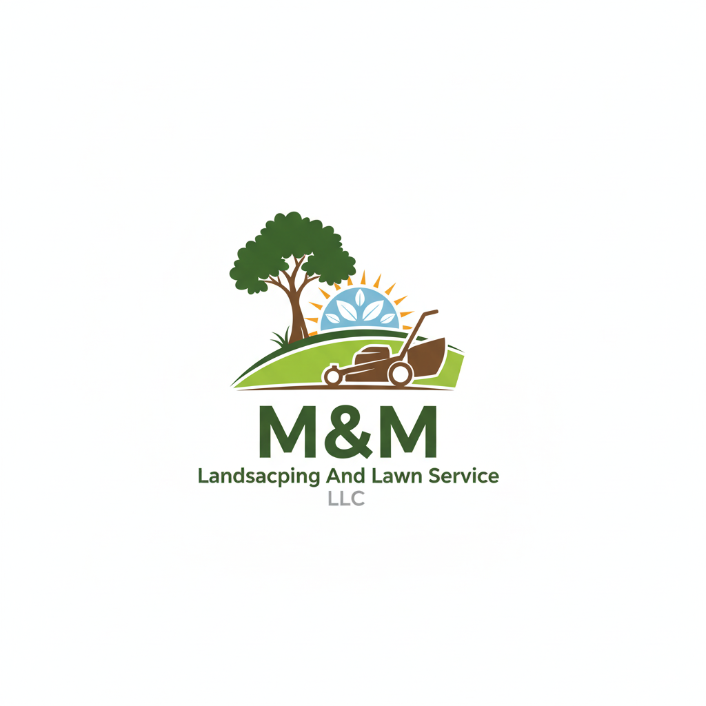 Logo for M&M Landscaping and Lawn Service, featuring a tree, lawnmower, sun, and green and brown colors.