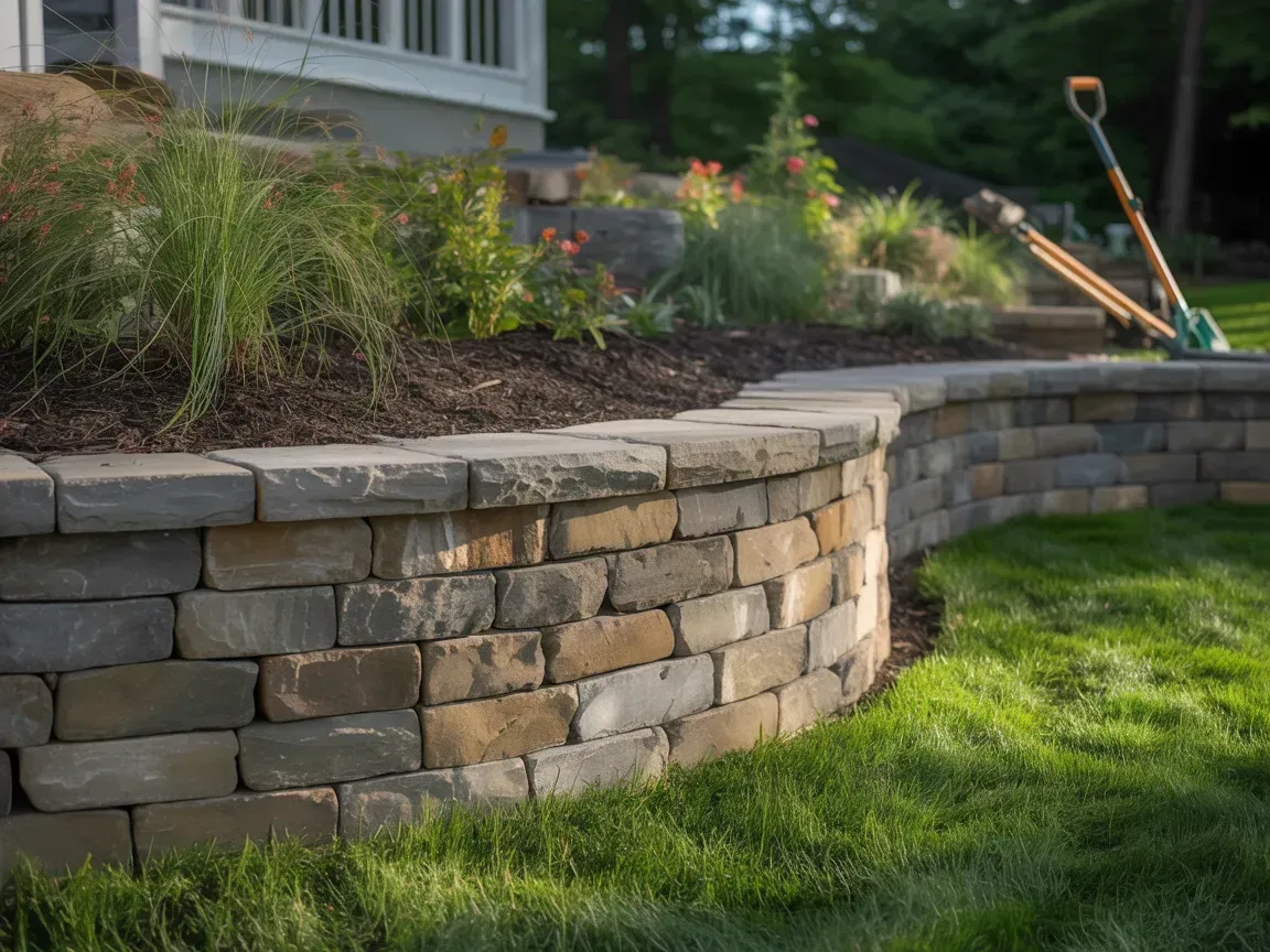 Stone retaining wall with plants and grass.