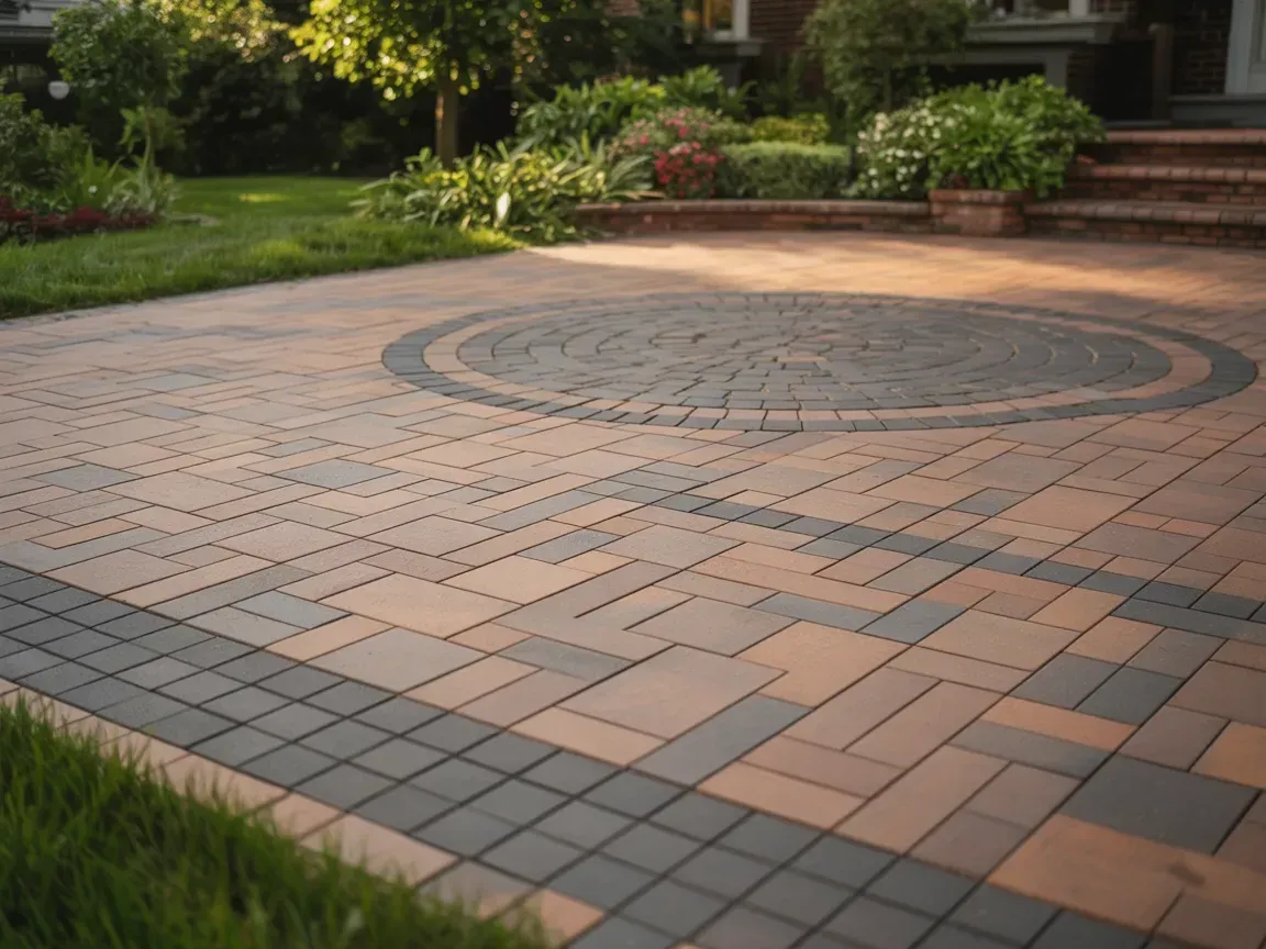 Brick driveway with a circular inlay, bordered by green grass and a house.