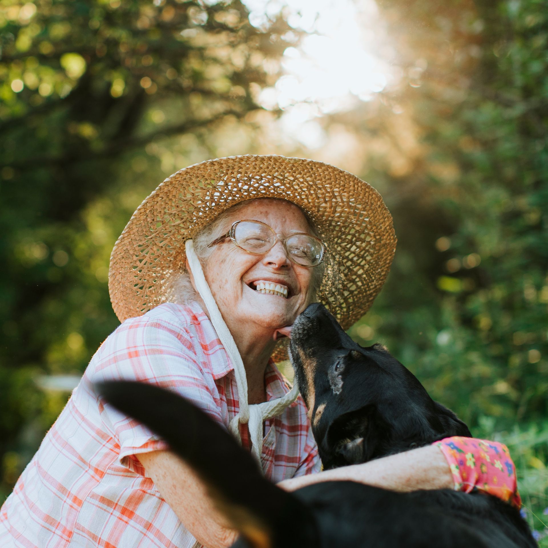 Elderly woman in straw hat smiles as dog licks her face outside.