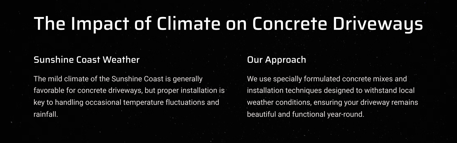 A black background with white text that says the impact of climate on concrete driveways