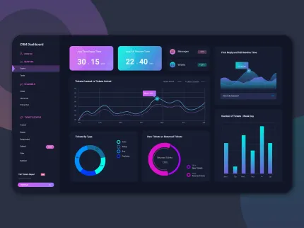 Dark mode digital dashboard with a line graph, bar chart, and circular data gauges in blue, purple, and teal gradients.
