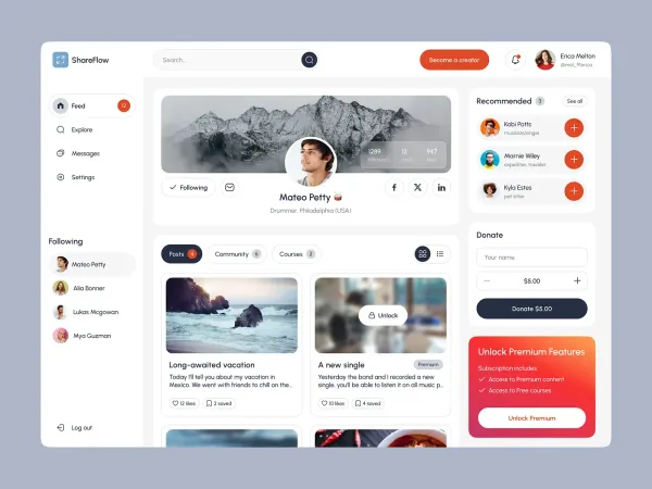 A dashboard UI featuring a central profile header, activity feed, side navigation, user recommendations, and ad space.