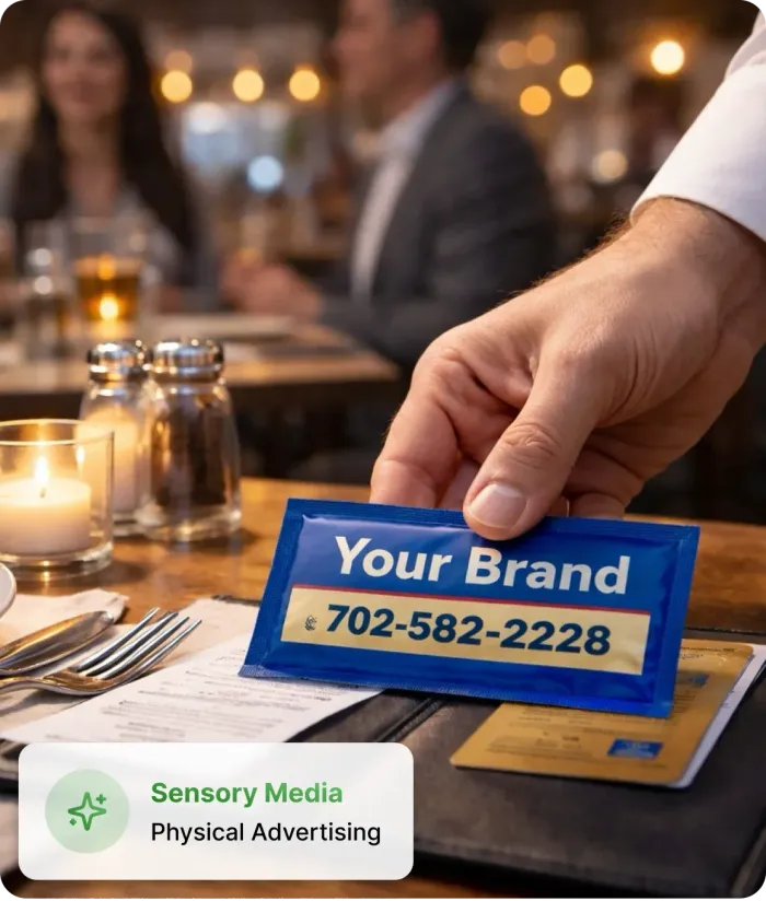 A hand places a blue branded packet with a phone number onto a restaurant table, with blurred diners in the background.
