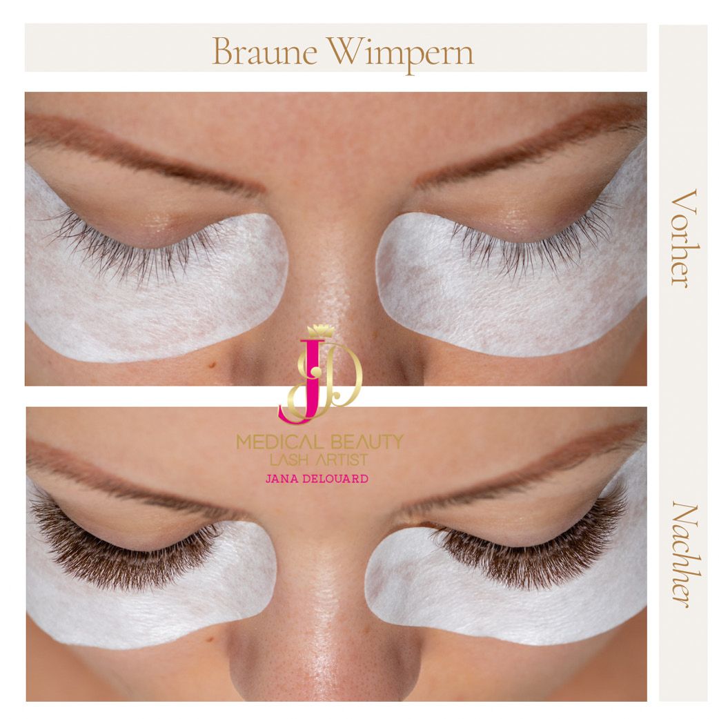 Ein Vorher-Nachher-Foto der Wimpern einer Frau