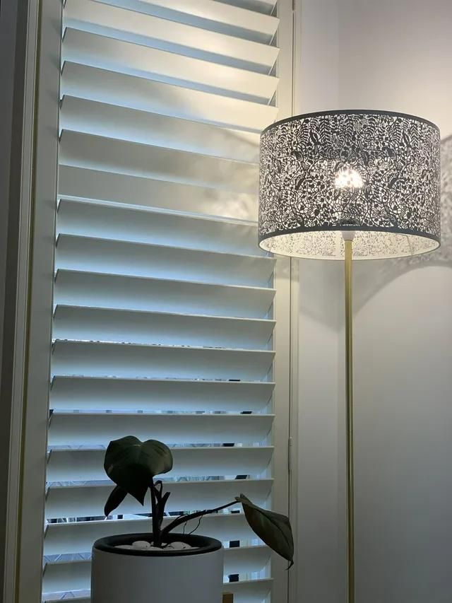 A Lamp is Sitting Next to a Potted Plant in Front of a Window With Shutters — Mi-ekka Designs in Mackay, QLD