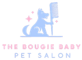Logo for "The Bougie Baby Pet Salon," featuring a blue dog holding a comb, with pink sparkles.