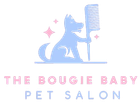 Logo for "The Bougie Baby Pet Salon," featuring a blue dog holding a comb, with pink sparkles.