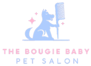 Logo for "The Bougie Baby Pet Salon," featuring a blue dog holding a comb, with pink sparkles.