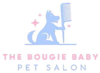 Logo for "The Bougie Baby Pet Salon," featuring a blue dog holding a comb, with pink sparkles.