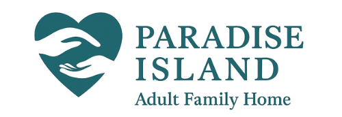 Logo of Paradise Island Adult Family Home with hands within a heart.